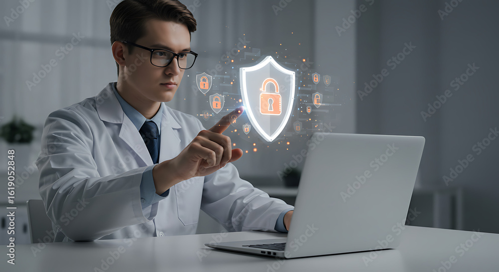 Poster cybersecurity professional: a focused professional, immersed in the digital world, interacts with a 