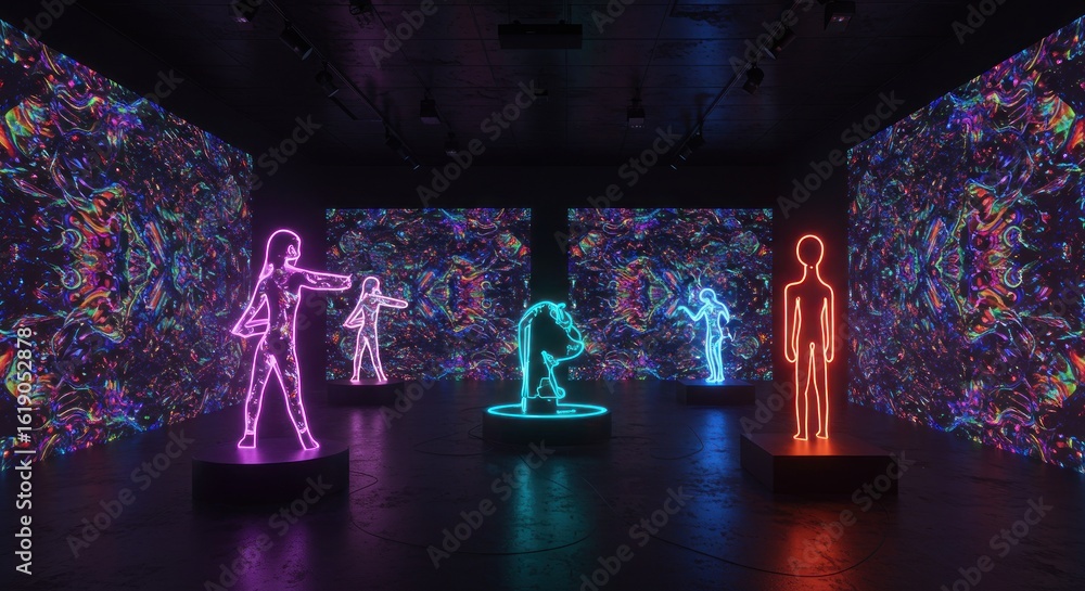 Poster illuminated silhouettes and psychedelic displays creating a futuristic environment in a digital