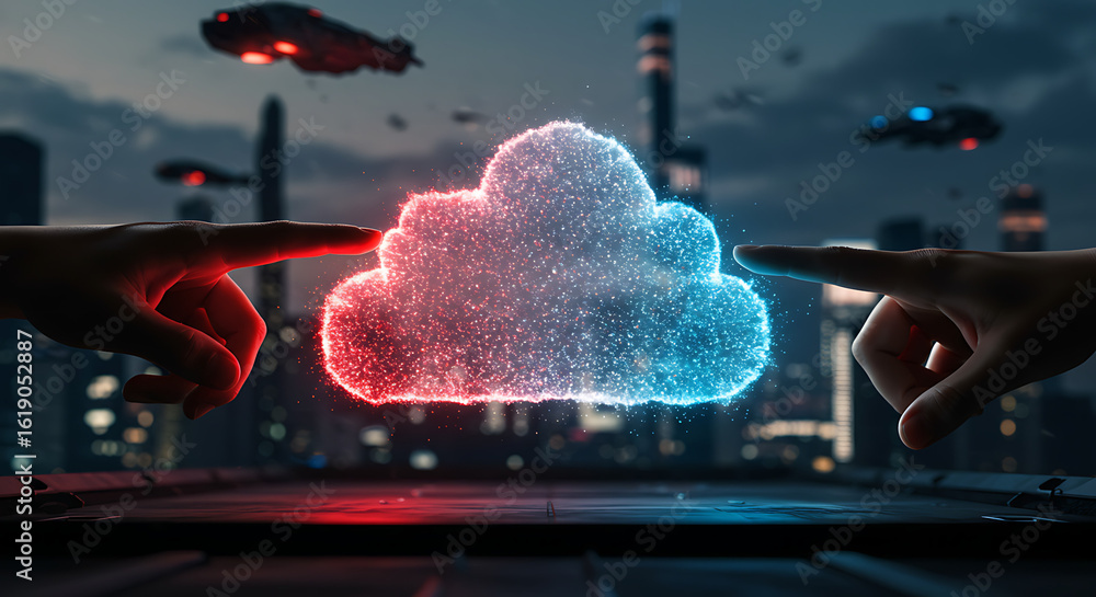 Poster cloud technology's touch: a futuristic scene with digital hands reaching toward a glowing cloud, sym
