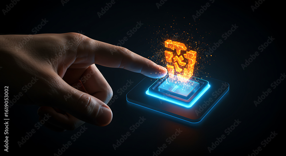 Poster digital interaction: a hand interacts with a digital interface, with the image depicting an eye-catc