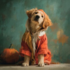 Charming Golden Retriever Puppy Dressed in Colorful Costume