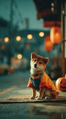 Cute Shiba Inu Puppy in Orange Shirt on Rainy Evening Outdoors