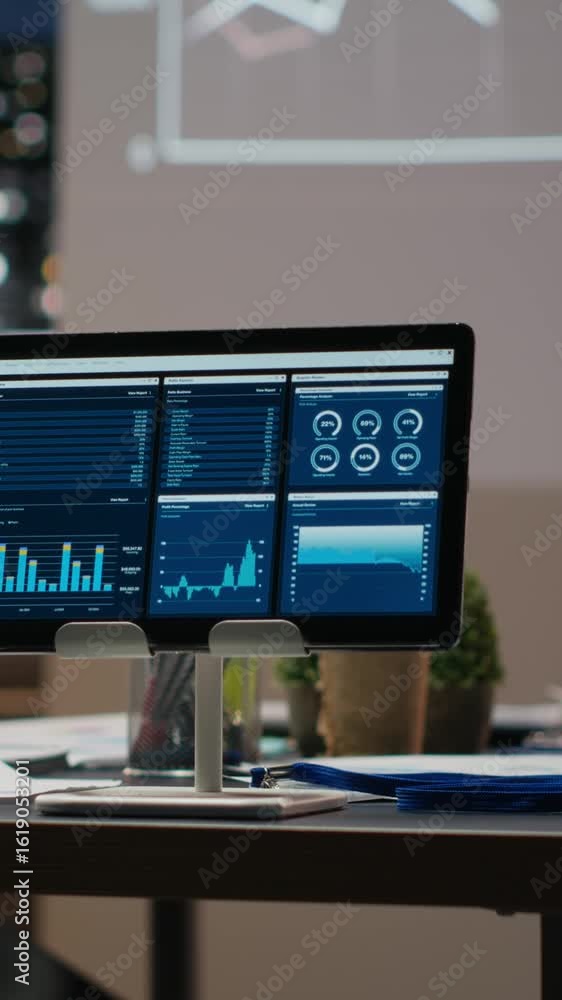 Poster vertical video empty space in a multinational company showcases data insights late at night, forecas