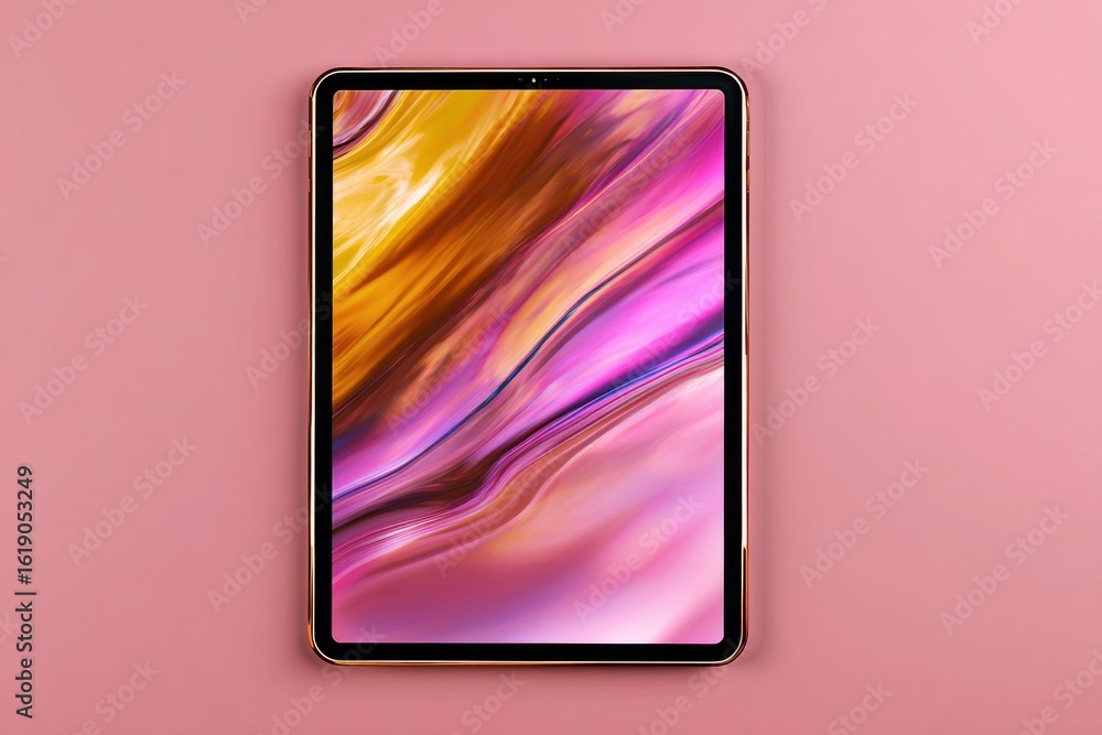 Poster tablet with colorful abstract wallpaper resting on a pink surface for a sleek and modern technology 