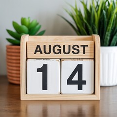 August 14th wooden block calendar with houseplants creates a charming and stylish reminder date