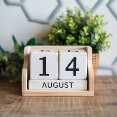 August 14th wooden block calendar for back to school or summer event promotion on rustic wood table
