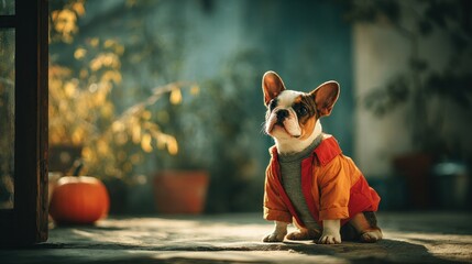 Adorable Dog in Colorful Jacket Sitting in Cozy Autumn Setting