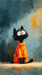 Cute Cartoon Cat in Orange Raincoat with Big Eyes Against Background