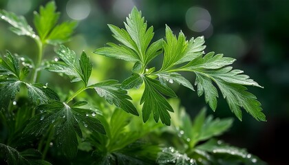 mugwort plant branches glistening with water droplets in a serene natural setting
