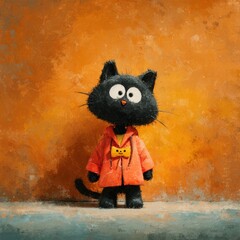 Cute cartoon cat character wearing an orange jacket on textured background