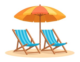 Two beach chairs under a striped umbrella
