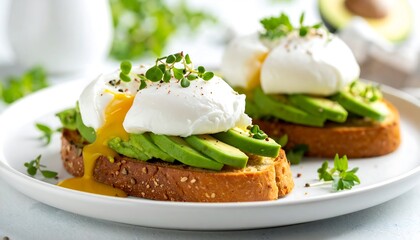 Two avocado toast slices topped with poached eggs