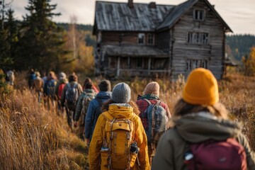 Wide view of a varied group of travelers on a path after an overnight stay in a large house enjoying a hike in the mountains during their fall vacation