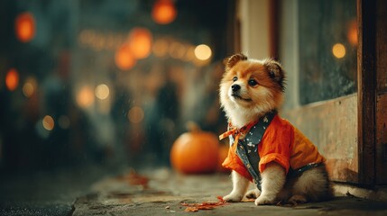 Cute Pomeranian Dog in Orange Sweater Sitting by Pumpkin Decor
