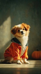 Cute Dog in Cozy Hoodie with Warm Lighting and Pumpkin Decor