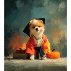Cute Pomeranian Dog Dressed in Costume with Pumpkins for Halloween