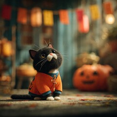 Adorable Black Cat in Halloween Costume Surrounded by Decorations