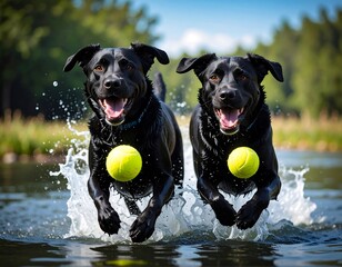 Two black Labs running through water, tennis balls in mouth