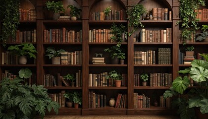 Cozy home office bookshelf filled with vintage books and lush green plants. Dark wood shelves create a warm, inviting atmosphere perfect for virtual backgrounds, remote work, or study spaces.