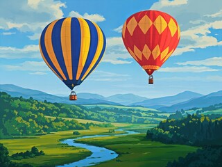 Fototapeta premium Hot Air Balloons Over Lush Green Valley A Scenic Journey Through Picturesque Landscapes and Clear Blue Skies