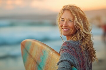 Joyful middle aged female surfer smiling at the camera during a summer sunset on a beautiful beach enjoying an active vacation by the ocean