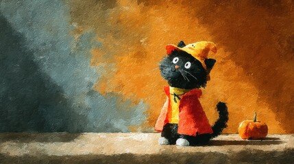 Black Cat in Witch Hat with Pumpkin in Colorful Autumn Background