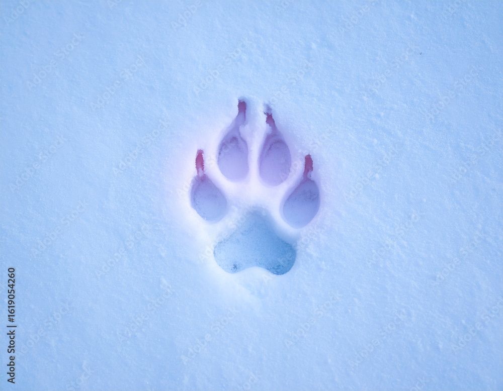 Poster a close-up, vivid paw print is pressed into a layer of pristine white snow. the image captures the d