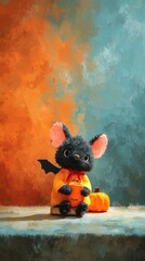 Cute Halloween Bat Toy with Pumpkin on Colorful Background
