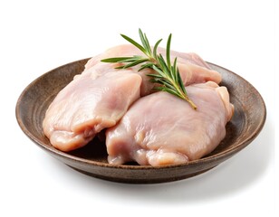 Raw chicken thighs presented on dark plate with sprig of fresh rosemary. Poultry moist, light pink, ready for cooking. Isolated on clean white background, image emphasizes fresh ingredients for