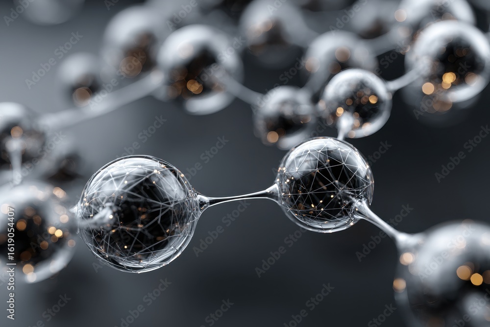 Poster network of connected spheres with golden particles and transparent lines, illustrating a complex sys