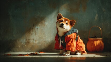 Cute Shiba Inu Puppy in Stylish Orange Jacket with Autumn Background