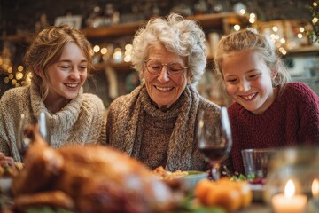 Three generations celebrate Christmas dinner at home enjoying each other s company around the table