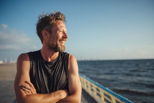 Joyful person exercising or taking a break at the beach cheerful runner enjoying the sea for relaxation or fitness