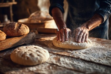 Varieties of fresh bread focaccia with a crispy crust and hands shaping pizza dough Emphasizing healthy eating and traditional baking
