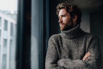 Pensive individual in a turtleneck stands by the window arms crossed gazing outside
