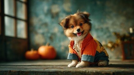 Cute Pomeranian Puppy in Pumpkin Costume with Autumn Decor Background