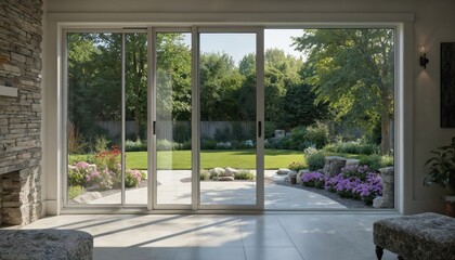 Modern sliding glass patio doors offer seamless transition to rich backyard garden. Natural sunlight illuminates interior space, creating bright, airy ambiance with stone accents and colorful flowers.