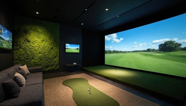 Indoor golf simulator room features large screen displaying golf course with blue sky, clouds. Putting green, golf ball sit on floor. Comfortable couch, chair provide seating for spectators players - Powered by Adobe