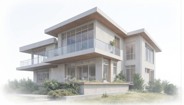 Minimalist modern two-story house with flat roof, glass balcony, large windows. Contemporary white, grey concrete structure, wood accents, clean geometric design. Ideal for real estate, architecture,