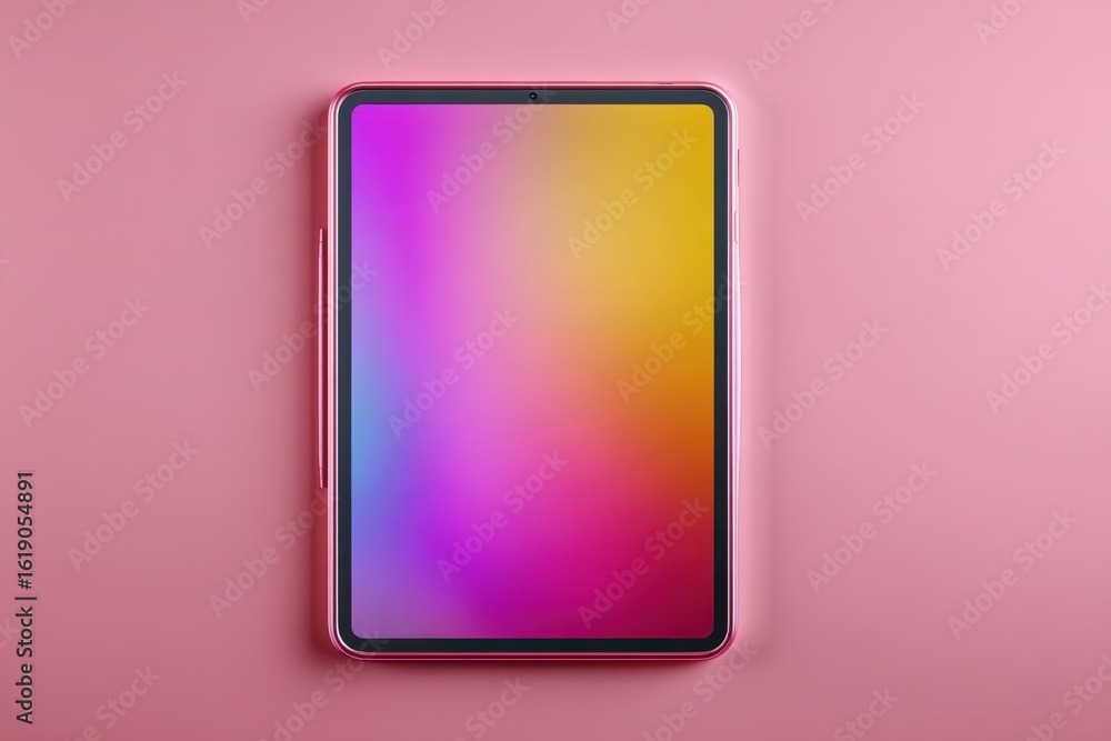 Poster tablet with colorful abstract wallpaper resting on a pink surface for a sleek and modern technology 