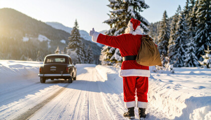Santa wishes for ride, eager to deliver gifts, wearing festive red suit against snow. vintage car is an unexpected contrast, creating delightful scene