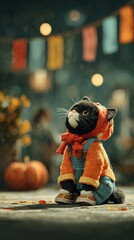 Cute Cat Dressed in Colorful Sweater and Overalls with Pumpkin