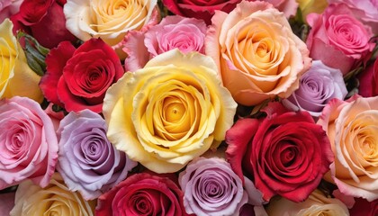 Vibrant bouquet of colorful roses in shades of red, pink, yellow, peach, lavender. Fresh flowers display intricate petal details, soft, tender texture, perfect for romantic gifts spring celebrations.