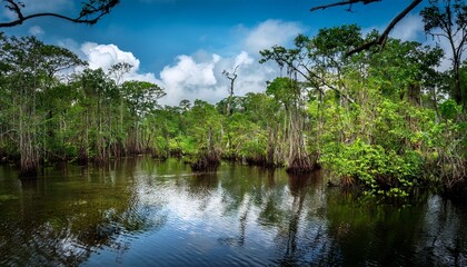 Obraz premium swamp teems with a kaleidoscope of verdant foliage tranquil waters and a pulsating tapestry of life