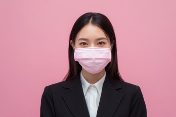 Portrait of a Japanese businesswoman in a mask and suit posed against a pink background