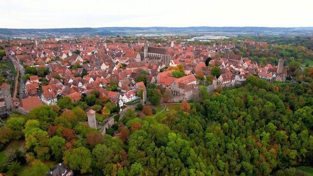 Aerial view of scenic Rothenburg ob der tauber city a medieval city in Germany during autumn time