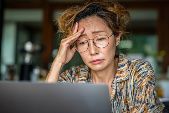 Portrait of a stressed exhausted middle aged Asian woman overwhelmed at her desk with a laptop - Powered by Adobe