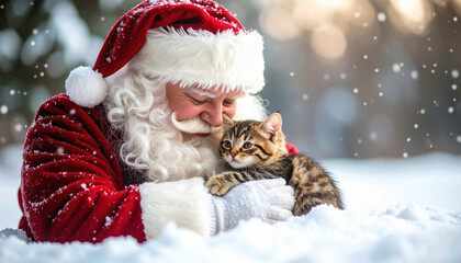 Santa Claus tenderly embraces cute kitten in serene snowy landscape, radiating warmth and joy during festive Christmas season