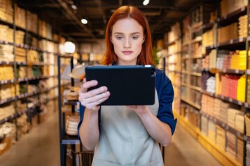 Female Shop Owner Using Tablet in Grocery Store
