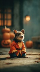 Adorable Small Animal Wearing Orange Jacket Surrounded by Pumpkins